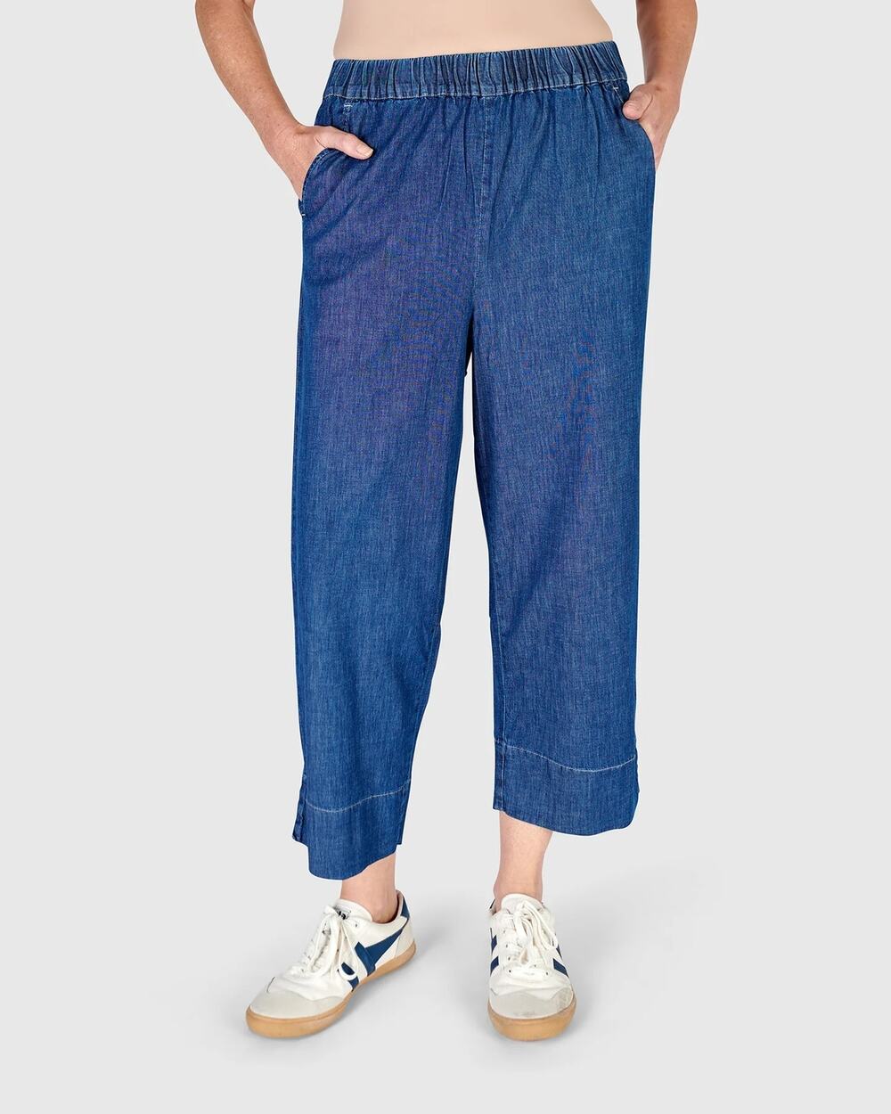 Alembika Denim Bahama Easy Pants Pull On Jeans Chambray Blue Size L High Waisted